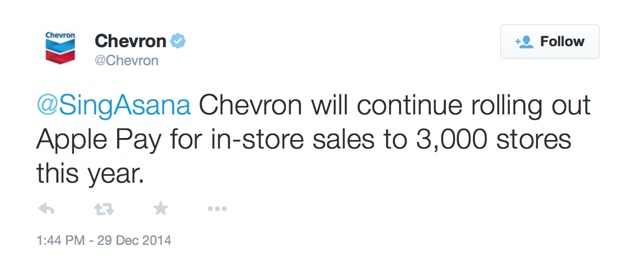 Chevron Working to Integrate Apple Pay at Gas Pumps in Early 2015