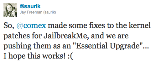 JailbreakMe Update Now Available as &#039;Essential Upgrade&#039; in Cydia