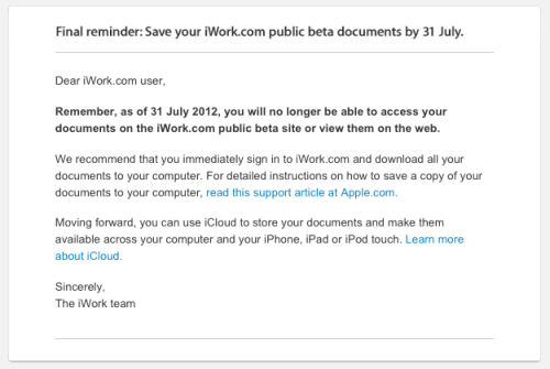 Apple Gives Users &#039;Final Reminder&#039; to Save iWork.com Documents By July 31st