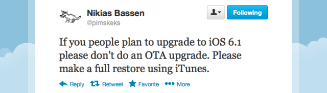 Jailbreakers Should Update to iOS 6.1 Using iTunes, Not Using Software Update