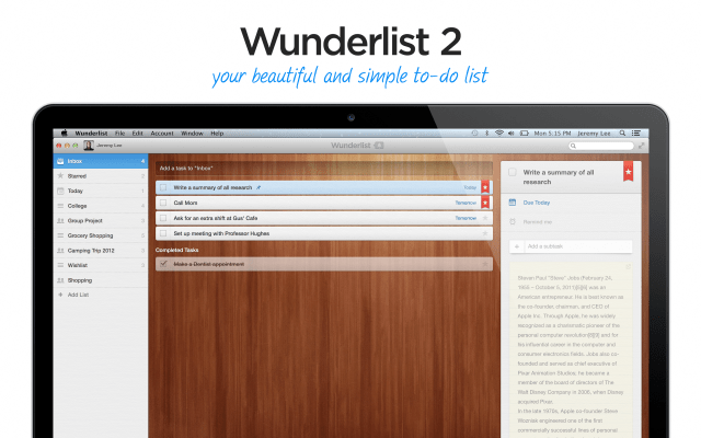 Wunderlist for Mac Gets Email Sharing, Print, Contextual Menus