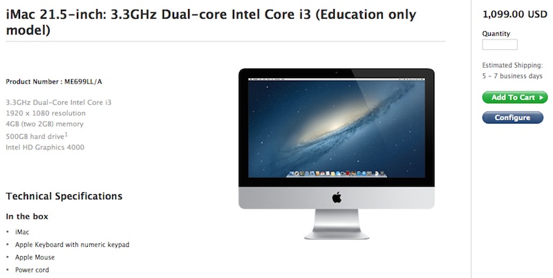 Apple Lists 21.5-Inch iMac With 3.3GHz i3 Processor for Educational Institutions