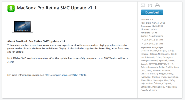 Apple Releases MacBook Pro Retina SMC Update v1.1