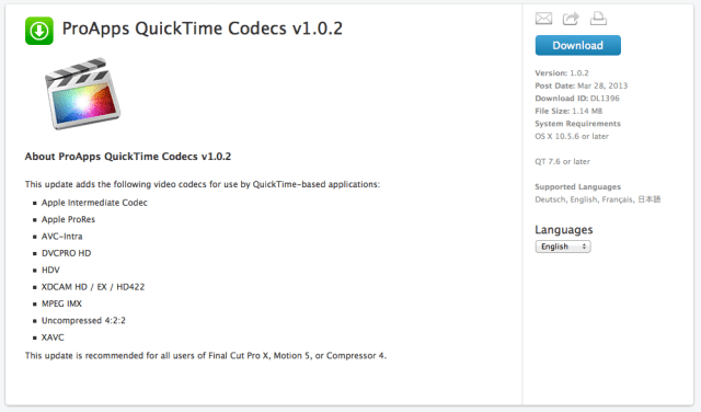 Apple Releases ProApps QuickTime Codecs v1.0.2 Update