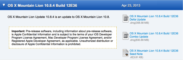 Apple Seeds OS X Mountain Lion 10.8.4 Build 12E36 to Developers