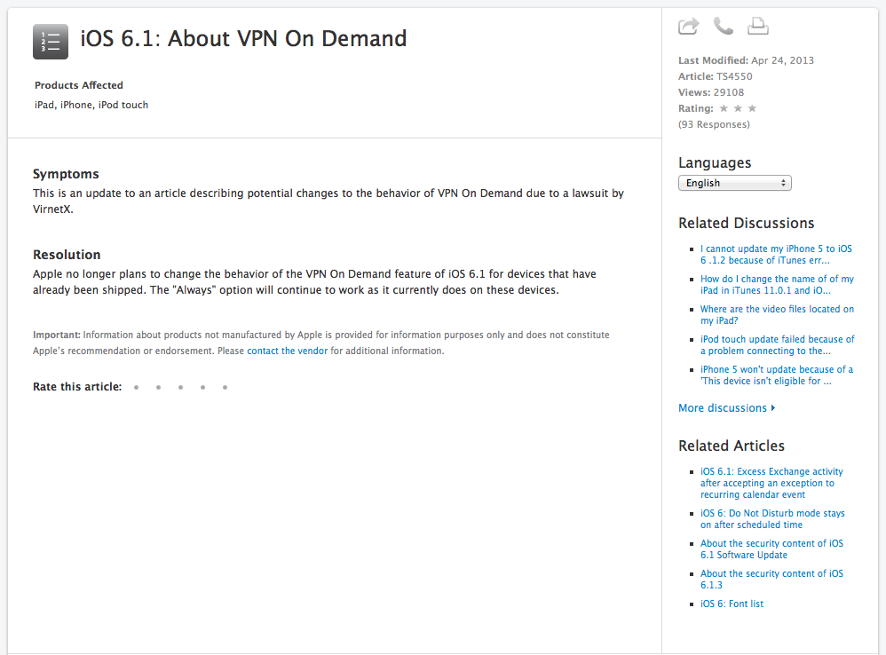 Apple to Retain Current VPN on Demand Functionality for Existing Devices