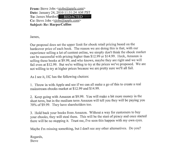 Steve Jobs&#039; Email to James Murdoch on E-Book Pricing Made Public