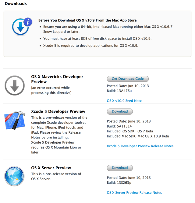 Apple Posts Developer Preview of OS X Mavericks for Download