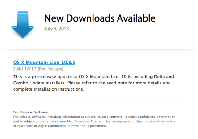 Apple Seeds OS X Mountain Lion 10.8.5 Build 12F17 to Developers