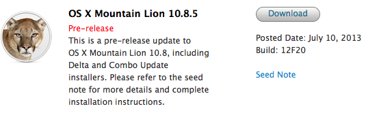 Apple Seeds OS X Mountain Lion 10.8.5 Build 12F20 to Developers