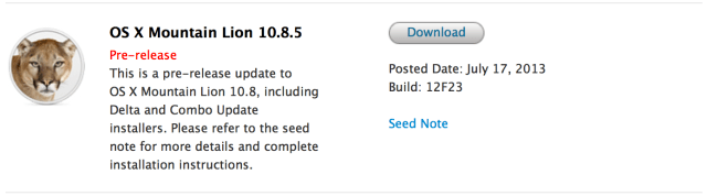 Apple Seeds OS X Mountain Lion 10.8.5 Build 12F23 to Developers