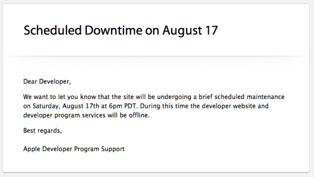 Apple Dev Center to Go Offline for Scheduled Maintenance Today at 6PM PDT