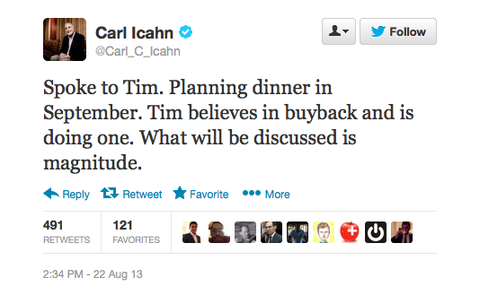 Carl Icahn Plans Dinner With Tim Cook to Discuss Magnitude of Buyback Plan