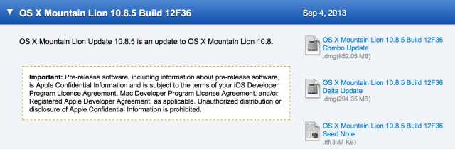 Apple Seeds New OS X Mountain Lion 10.8.5 Build 12F36 to Developers for Testing