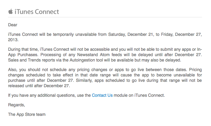 Apple Announces iTunes Connect Shut Down From December 21st to December 27th