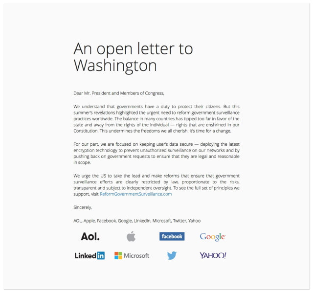Apple, Microsoft, Others Publish Open Letter to Washington Requesting Government Surveillance Reform