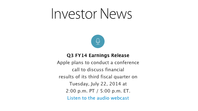 Apple Will Announce Q3 2014 Earnings on July 22