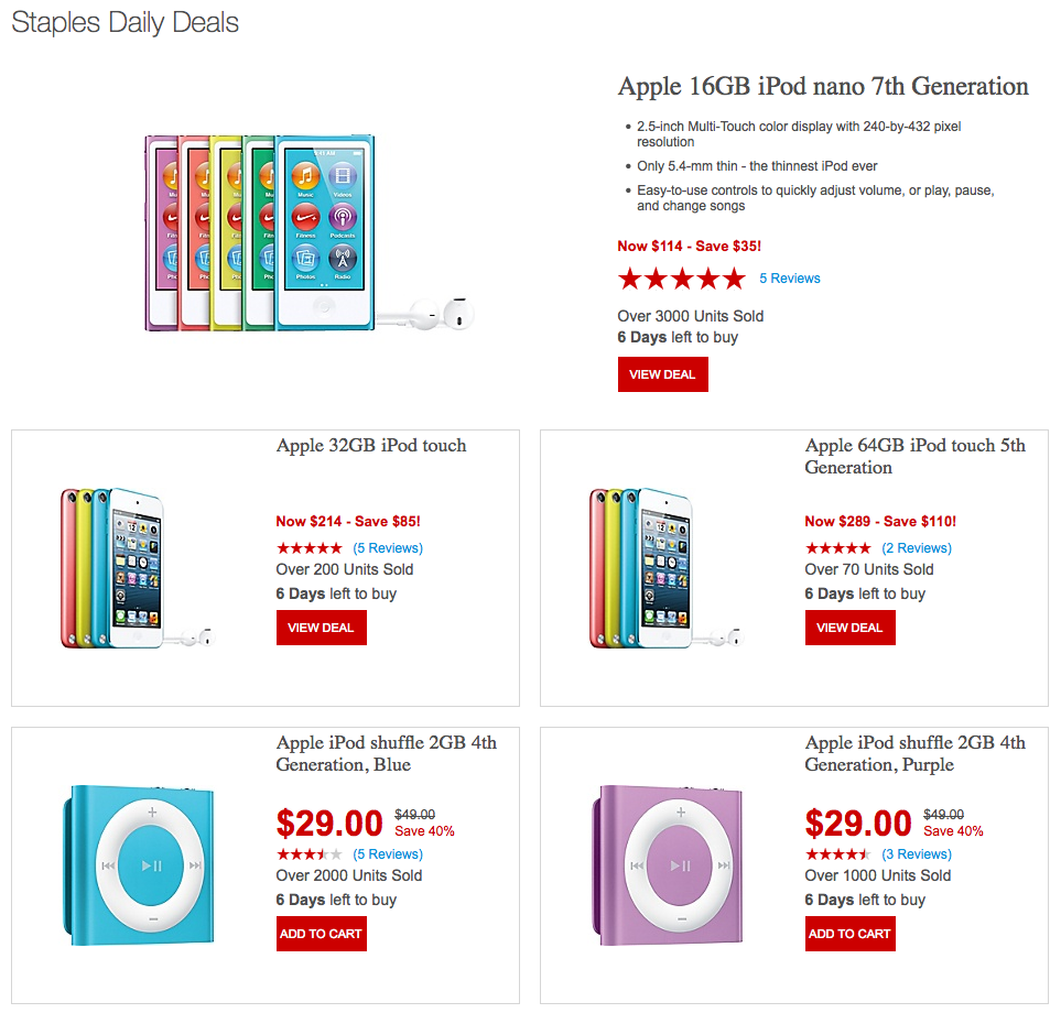 Staples Discounts Apple iPods By Up To $110 Off