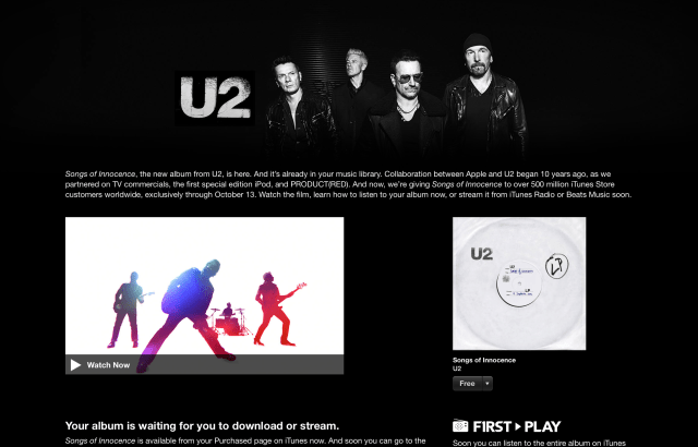 Apple Gifts New U2 Album &#039;Songs of Innocence&#039; to iTunes Store Customers