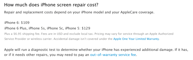 Apple Lists Out-of-Warranty Prices for Replacing Screen and Battery of the iPhone 6