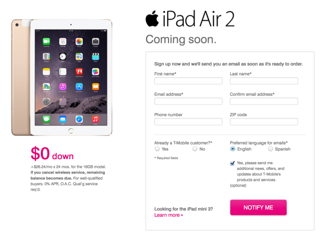 T-Mobile to Start Taking iPad Air 2, iPad Mini 3 Pre-Orders Tomorrow