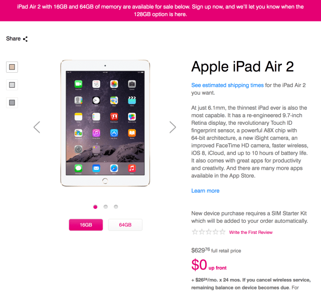 T-Mobile Now Selling the iPad Air 2, iPad Mini 3
