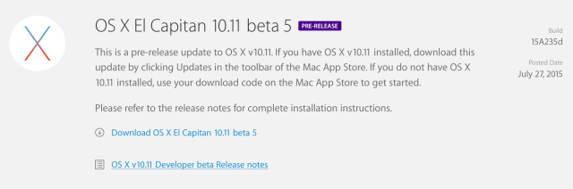 Apple Releases OS X 10.11 El Capitan Beta 5 to Developers for Testing