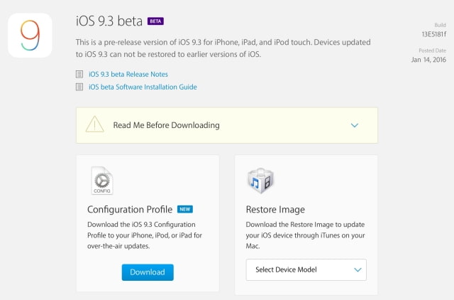 Apple Releases iOS 9.3 Beta 1.1 to Developers