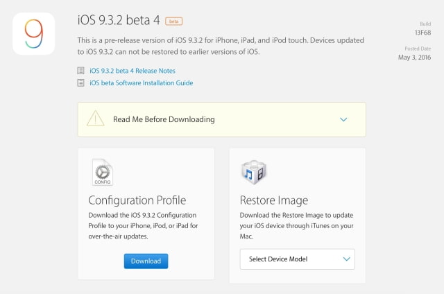 Apple Releases iOS 9.3.2 Beta 4, OS X El Capitan 10.11.5 Beta 4, tvOS 9.2.1 Beta 4