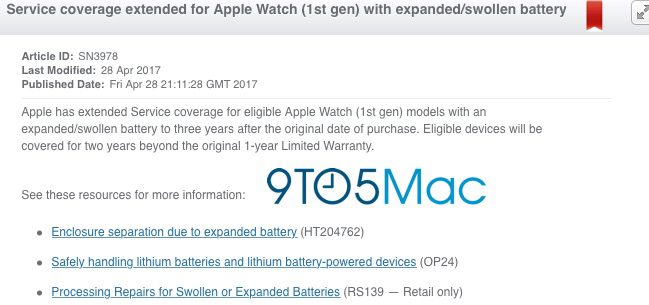 Apple Extends Service Coverage for First-Gen Apple Watches With Swollen Batteries to 3 Years
