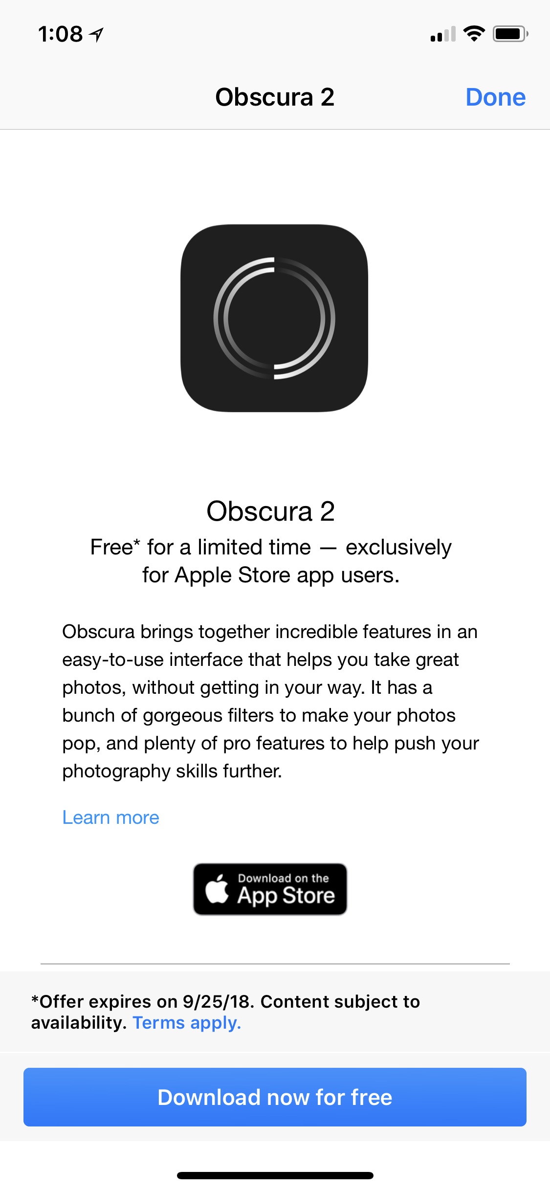   Apple offers "Obscura 2 Camera App" as a free download! 