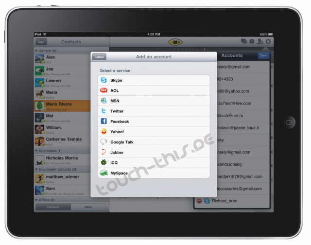 Screenshots of IM+ Interface for iPad