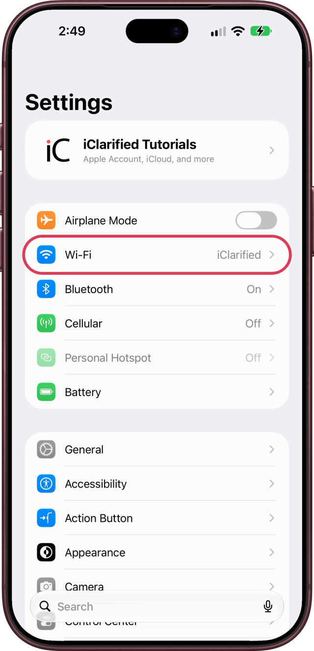 Wi-Fi outlined in Settings.