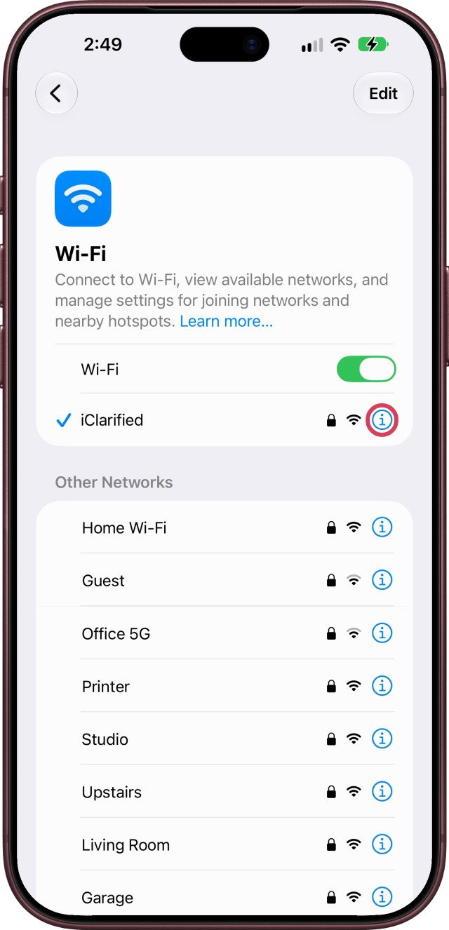 The info button outlined next to the connected network on the Wi-Fi screen.