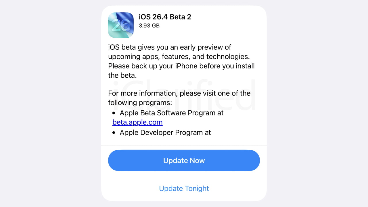 Apple выпустила iOS 26.4 Beta 2 и iPadOS 26.4 Beta 2 для разработчиков [Скачать]