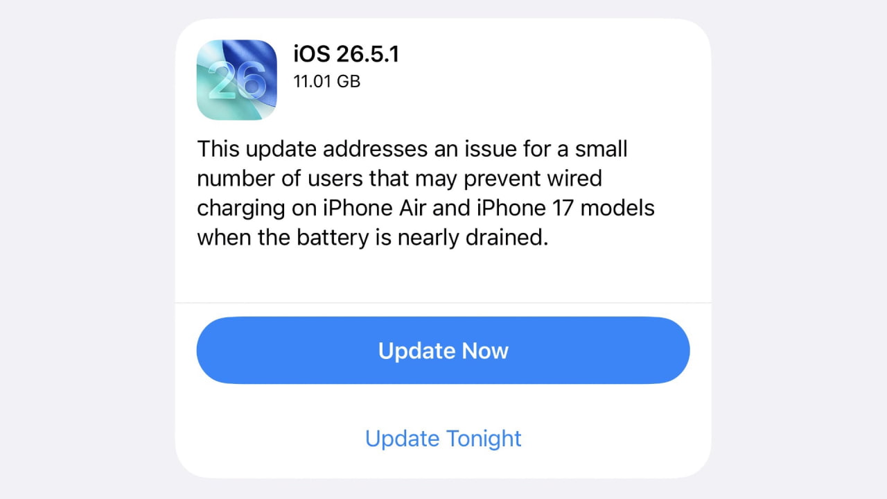 Apple выпустила iOS 26.5.1 с исправлением бага с зарядкой на iPhone 17 и iPhone Air [Скачать]