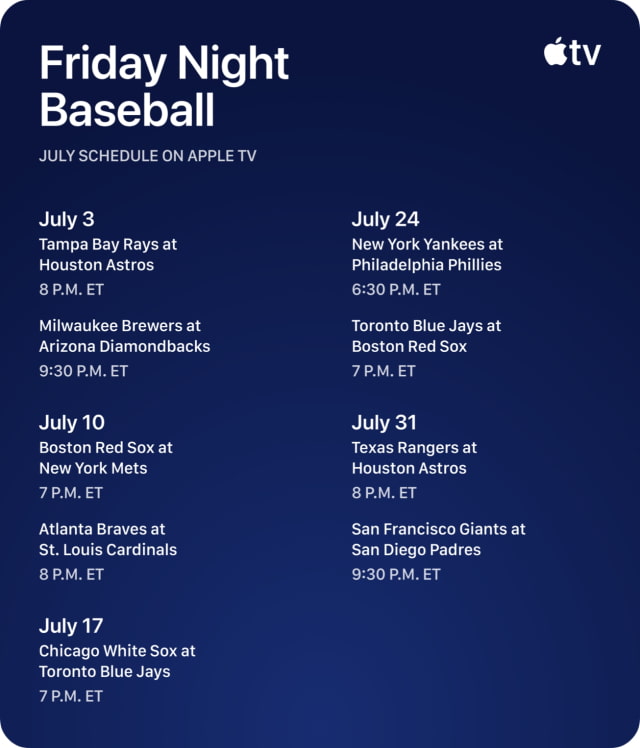 Apple TV Reveals July Friday Night Baseball Schedule