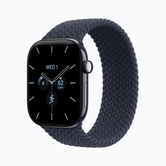 Night Blue ceramic Apple Watch Series 12 with a blue braided band