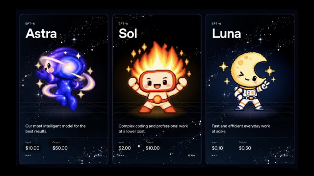 Illustrated cards for GPT-6 Astra, Sol and Luna showing their intended uses and input and output token prices.