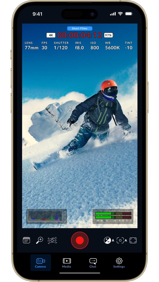 Blackmagic Camera portrait recording interface with iris and exposure readouts