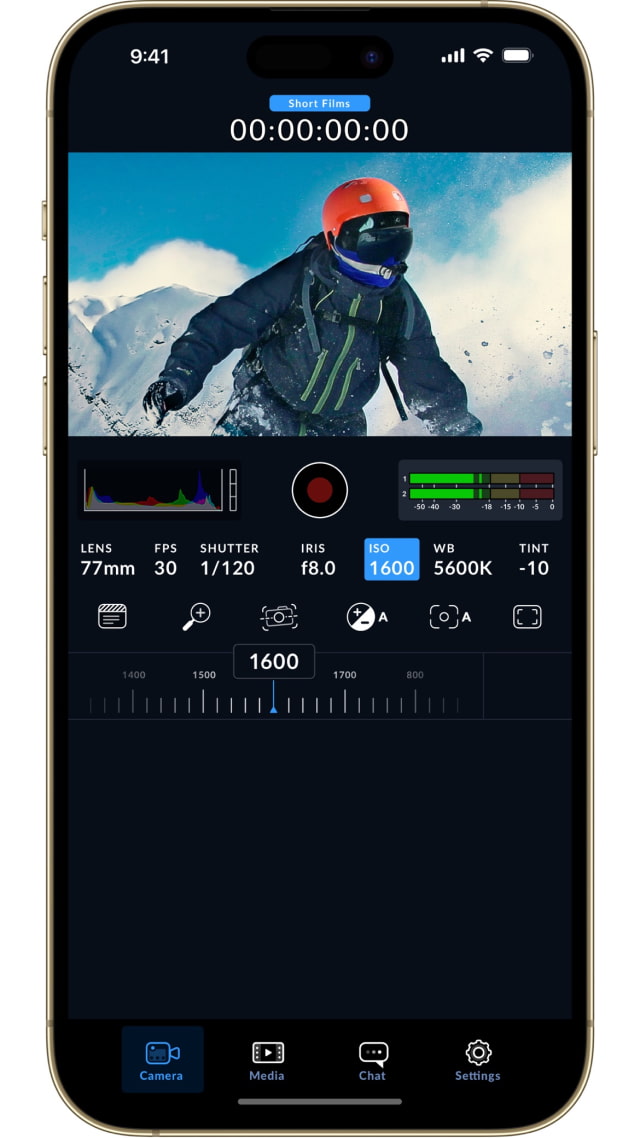 Blackmagic Camera portrait interface with the manual ISO adjustment open
