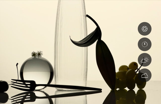 Apple Camera Pro controls shown over a still-life composition