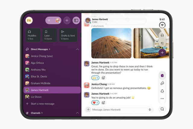 Slack with a wider workspace on an unfolded iPhone Duo