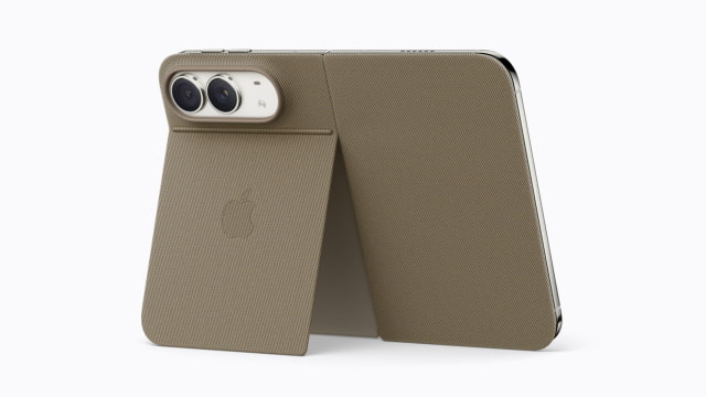 A taupe Folio supporting iPhone Duo at an angle