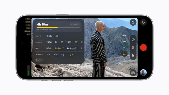 iPhone 18 Pro shows a Final Cut Camera screen with the subject standing in a mountain landscape and a box with format settings.