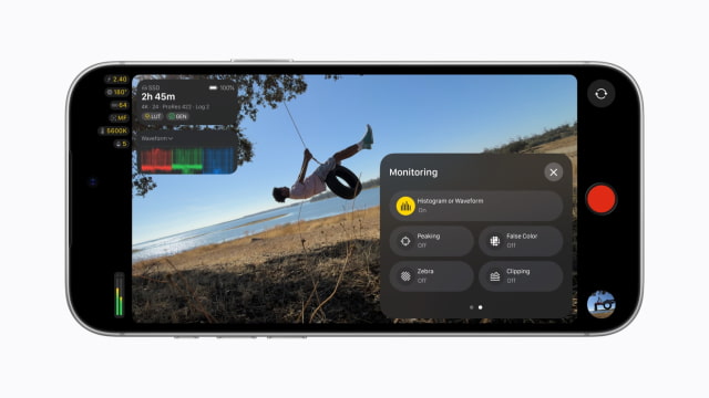 iPhone 18 Pro shows a Final Cut Camera screen with the subject riding on a tire swing and video scopes, including the RGB Parade and histogram, displayed.