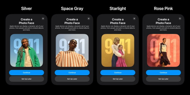 Four Photo Face setup previews labeled Silver, Space Gray, Starlight, and Rose Pink