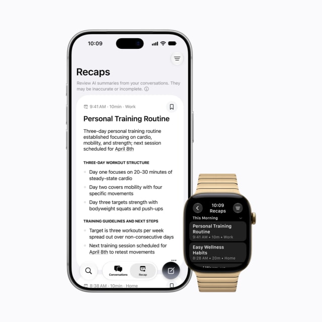 Siri Recap summaries shown on iPhone and Apple Watch