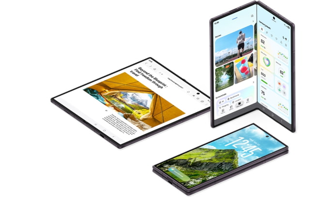 Galaxy Z Fold8 Ultra shown closed, partly folded, and open