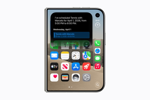 Siri AI taps into an iPhone Duo user's apps to create a Calendar event for a tennis match.